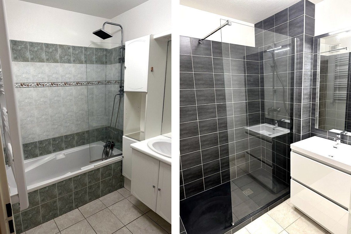 Salle de bain avant et après : remplacement d’une baignoire par une douche de plain-pied